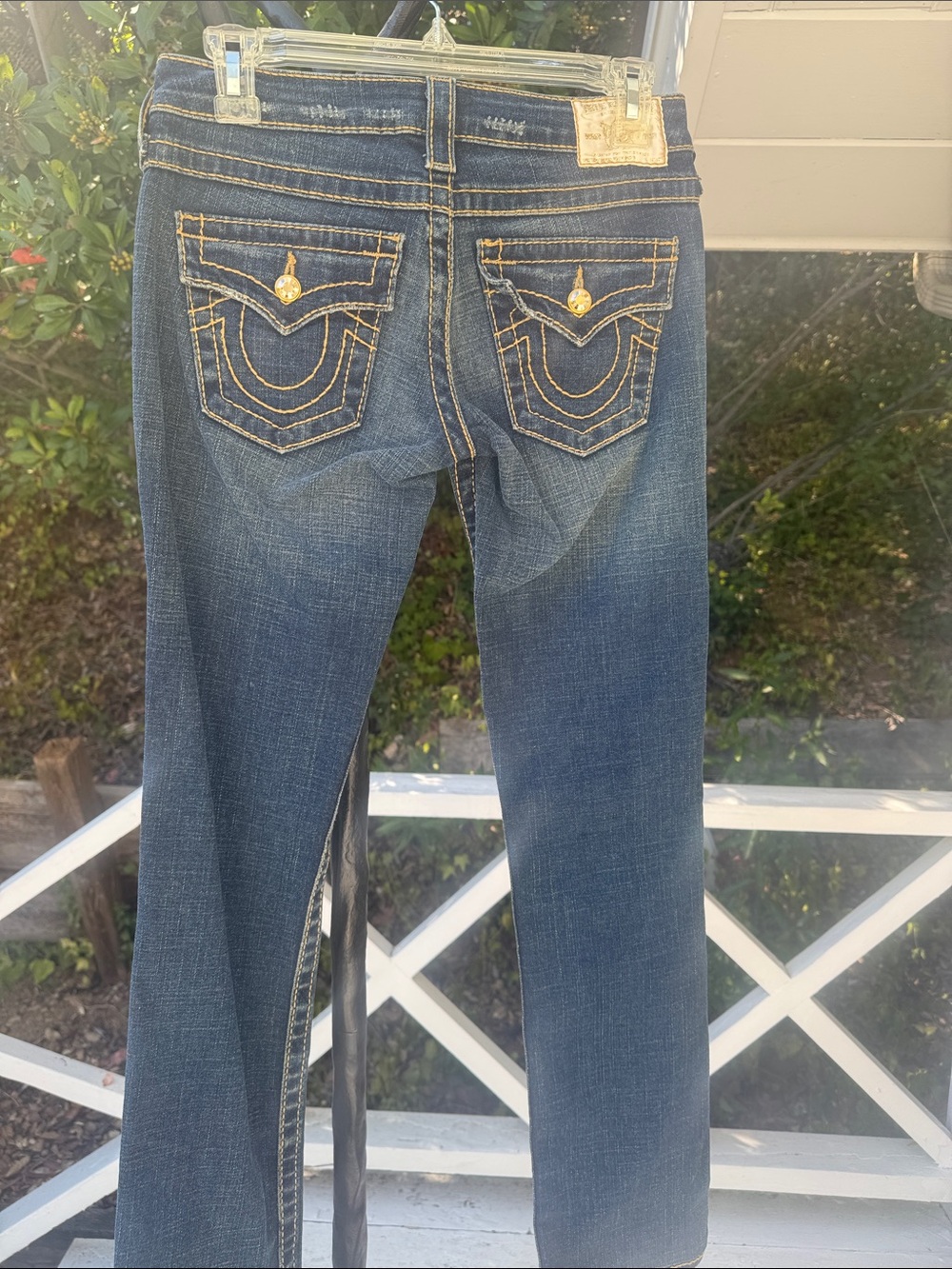 True Religion Dark Blue Straight Leg Jeans with Gold Stitching